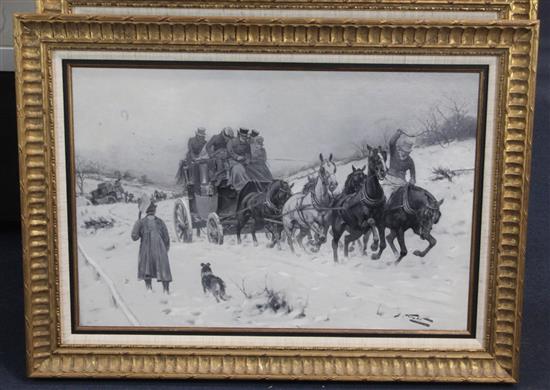 George Wright (1860-1942) Exercising the pack and Out of the snowdrifts 18 x 21in. & 18 x 24in.